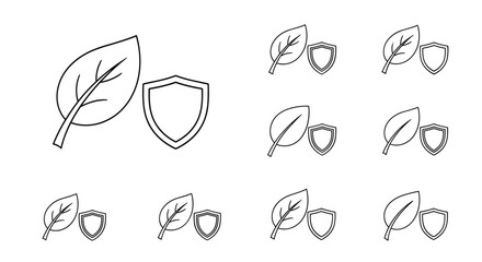 Minimalistic line icon of a green leaf next to a shield, symbolizing protection, nature, and environmental safety. This versatile vector graphic is ideal for web design, app interfaces, banners