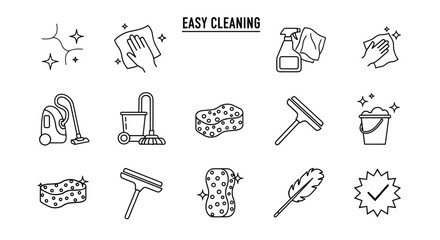 Clean Surface Icon Set: A comprehensive collection of vector illustrations for mobile and web design, featuring easy cleaning concepts and ordered line icons on a pristine white background, perfect