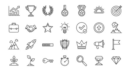 Collection of minimalist business and achievement icons, featuring editable stroke vector art for growth, success, and win symbols, ideal for presentations and digital design, representing concepts