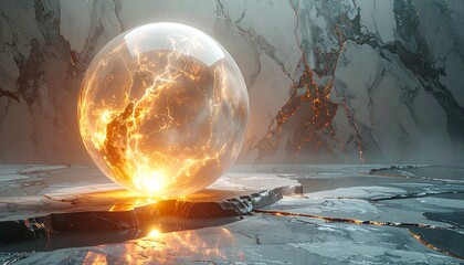 A mesmerizing glass sphere radiates intense fiery energy, illuminating a desolate, fractured ice cave with its powerful glow, evoking themes of cosmic power and ancient magic