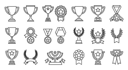 A collection of award and trophy icons in a vector format, featuring a trophy cup, winner medal, and other symbols of achievement and victory, presented in a clean and ordered line icon set, perfect