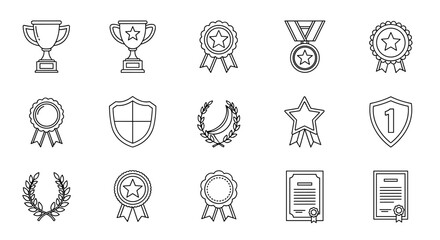 Collection of outline award and competition signs including trophies, medals, ribbons, shields, laurel wreaths, stars, and certificates, perfect for infographics, articles, books, flyers, and