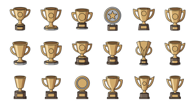 Collection of 16 unique golden trophy cups and awards, representing champions and victory, presented in a clean, ordered line against a stark black background, perfect for sports, business, or