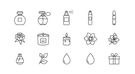 Minimalistic thin line icons set representing perfume bottles, rose, candle, flower, leaves, drops, and gift box, perfect for web, graphic design, apps, banners, social networks, and cards, presented