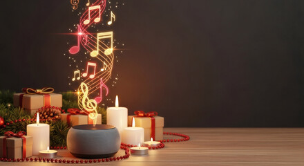 A cozy Christmas scene with festive candles and musical notes, creating a warm and inviting atmosphere for holiday gatherings.  