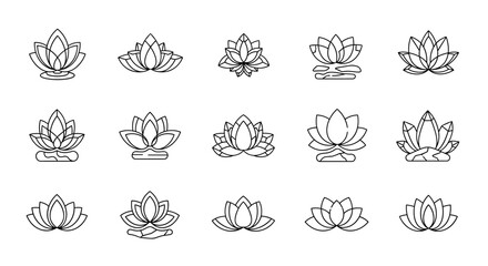 Set of 15 stylized lotus flower icons, presented as clean white line art on a black background, symbolizing purity, enlightenment, and tranquility, perfect for yoga studios, meditation apps, and