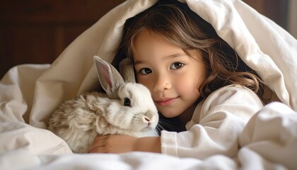 Girl Cuddling with Rabbit in Bed