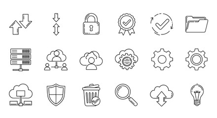 Collection of outline icons representing cloud computing, data storage, security, and business processes, including arrows, locks, checkmarks, servers, folders, and gears, with editable strokes