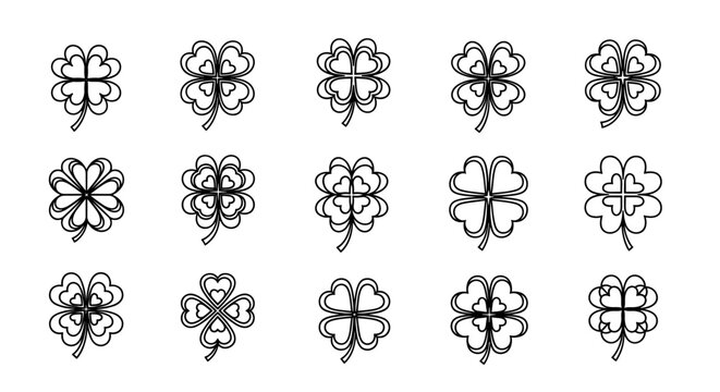 Set of 15 abstract four-leaf clover logos and icons with a love heart shape in each petal, presented in a clean, modern, and stylized design, perfect for luck, love, and nature-themed projects