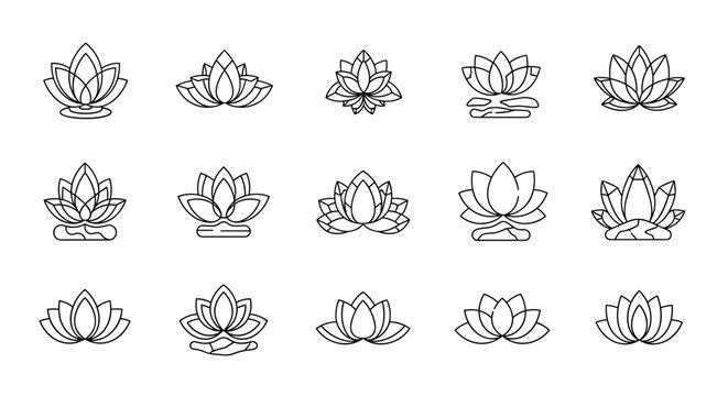 Set of 15 stylized lotus flower icons, presented as clean white line art on a black background, symbolizing purity, enlightenment, and tranquility, perfect for yoga studios, meditation apps, and