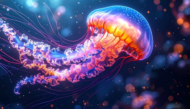 A surreal illustration of a luminous jellyfish with shimmering tentacles and vibrant neon colors drifting through the dark ocean depths - Powered by Adobe