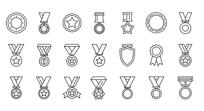 Collection of simple linear outline medal icons with editable stroke, perfect for web, books, cards, and apps, presented as vector cartoon illustrations on a white background, symbolizing achievement