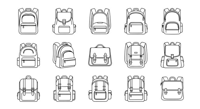 Collection of outline icons representing school bags, tracking backpacks, and hiking bags, featuring editable strokes, perfect for infographics, articles, books, flyers, and banners, presented in a