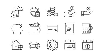 Collection of money and insurance-related line icons, including money under umbrella, shield, stacked coins, piggy bank, wallet, credit card, safe, calculator, and calendar, suitable for graphic and