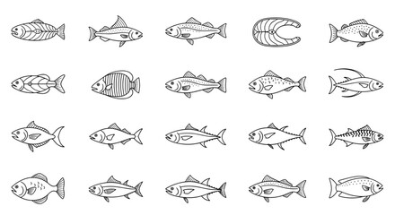 Collection of 20 diverse outline fish illustrations, including skeletal fish, salmon steaks, and various marine species, presented on a clean white background, perfect for graphic design, web