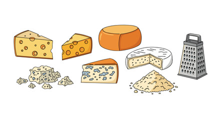 A delightful cartoon illustration showcases a diverse collection of cheeses, including Swiss with holes, crumbly blue cheese, a wheel of cheddar, and creamy brie, alongside a pile of grated cheese