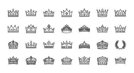 Collection of intricately designed crown icons in a clean line art style, perfect for graphic and web design projects, app interfaces, advertising materials, and various card designs. This vector