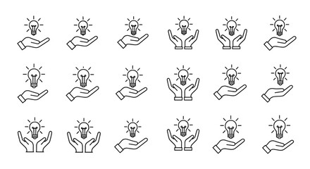 Modern outline style icon of a light bulb symbolizing ideas and innovation, held gently over open hands, representing creativity, inspiration, and support. This vector cartoon illustration is perfect