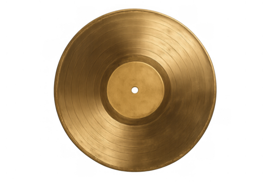Golden vinyl record representing music excellence, an award for achievement in audio industry, with transparent background