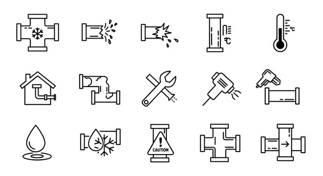 Collection of thin line icons representing frozen pipes, symbolizing winter, cold, plumbing issues, and potential damage, suitable for graphic design, web development, app interfaces, and advertising