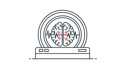 Abstract line art illustration of a brain scan icon, symbolizing mental health, medical diagnosis, and neurological activity with electrical wave patterns and red cross markers indicating stimulation