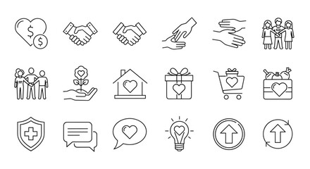 Charity line icon set: a collection of donate, volunteer, help, solidarity, and more, editable stroke, ordered line icons on white background, representing concepts like support, community, giving