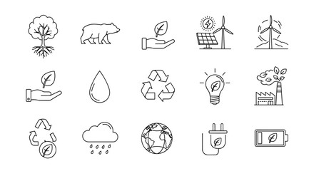 A comprehensive line icon set for environmental themes, showcasing nature, wildlife, renewable energy sources like solar and wind power, recycling symbols, water drops, and eco-friendly technology