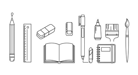 A minimalist line art vector illustration set showcasing essential drawing and writing tools, including a pencil, ruler, erasers, a liner marker, a highlighter, a sketchbook, a notebook, and a
