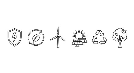 Set of clean line art icons representing eco-friendly energy and sustainability concepts, including a lightning bolt shield, renewable energy symbol, wind turbine, solar power, recycling logo, and a