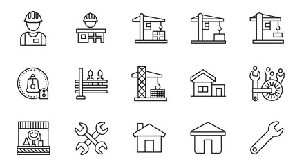 Construction thin line icons set featuring a builder, design elements, crane, tools, house, and repair symbols, representing the building industry with editable strokes and vector format for