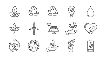 Set of eco-friendly icons, including a seedling, recycling symbol, lightbulb with leaf, water drop, windmill, solar panel, hand holding plant, heart with leaf, earth, footprint, and battery