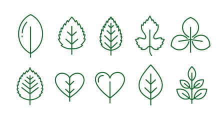 Collection of green leaf icons on a black background, featuring various leaf shapes including simple oval, serrated edges, heart-shaped, and clustered leaves, perfect for natural, eco, vegan, and bio