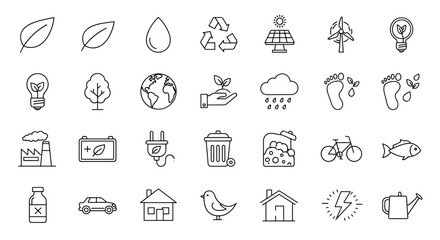 Ecology and environment sustainability thin line icon set, symbolizing nature conservation, renewable energy, and eco-friendly lifestyle choices, presented on a clean white background with editable