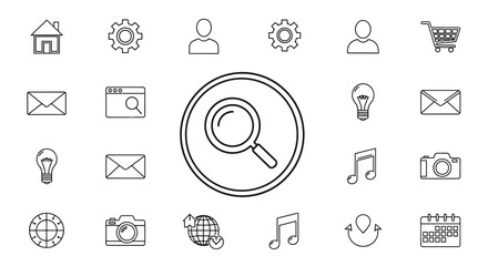 Magnifying glass search icon inside a circle, outline vector symbol for zoom, find, website, app UI button, black line pictogram isolated on white background. Simple, modern, minimalist graphic