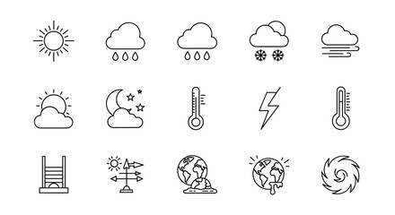 Meteorology line editable icon set featuring various weather conditions including overcast, sunny, rainy, snowy, windy, climate change, and more, presented as a clean and modern graphic resource for