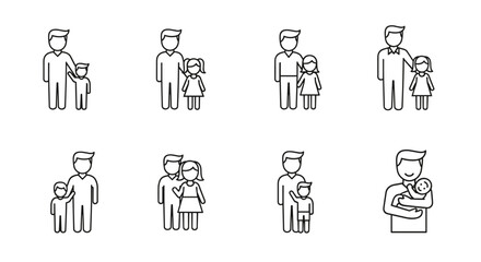 Father and child line icon set, depicting dad with son, daughter, and baby, symbolizing fatherhood, parenting, and family life. These ordered vector outline symbols represent various stages and forms