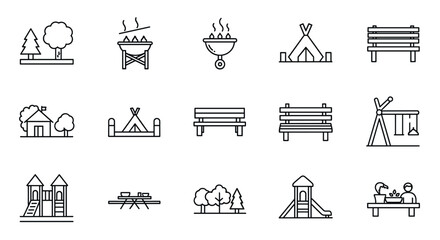 Park icon set featuring forest, barbecue, camp, bench, picnic, and playground elements, representing park leisure and outdoor activity symbols in a clean, solid icon collection, perfect for travel