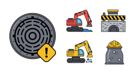 Collection of flat vector illustrations depicting elements of a sewage system, including a manhole cover with an exclamation mark warning sign, two excavators digging, a construction site entrance