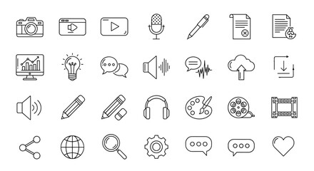 A comprehensive set of outline icons representing content creation, media production, and digital communication, featuring a clean linear design with editable strokes, perfect for web, app, and