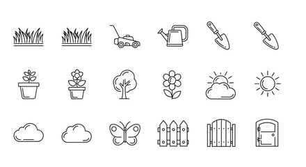 Set of line icons related to grass, lawn, field, garden, landscape, growth, herbs, pasture, and turf, featuring editable strokes and vector illustration for a clean, ordered presentation of nature