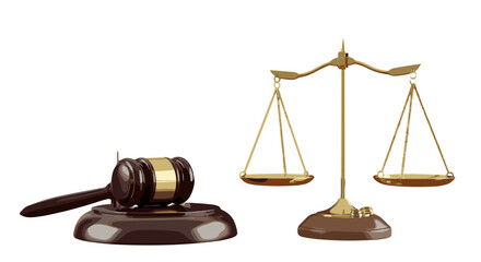 Symbolic representation of justice and law, featuring a golden balance scale and a wooden gavel on a dark background, symbolizing fairness, legal proceedings, and judicial decisions in a clear