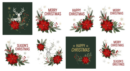 Set of eight Merry Christmas greeting cards featuring a modern and beautiful Xmas design with hand-drawn Poinsettia flowers, holly berries, fir branches, snowflakes, and a majestic deer, perfect for
