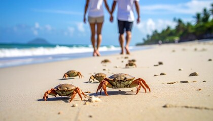 Couple Walking on Beach with Crabs in Foreground Summer Travel Concept