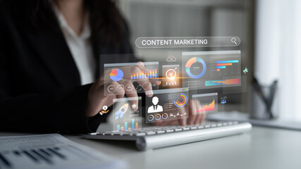 Content marketing interface with data dashboards, analytics charts, and content tools. Marketing success comes from content performance, content planning, and marketing optimization. Spline