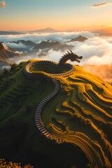 AI Generative. Mythical Dragon Woven Through Lush Green Rice Terraces at Sunrise/Sunset. 10