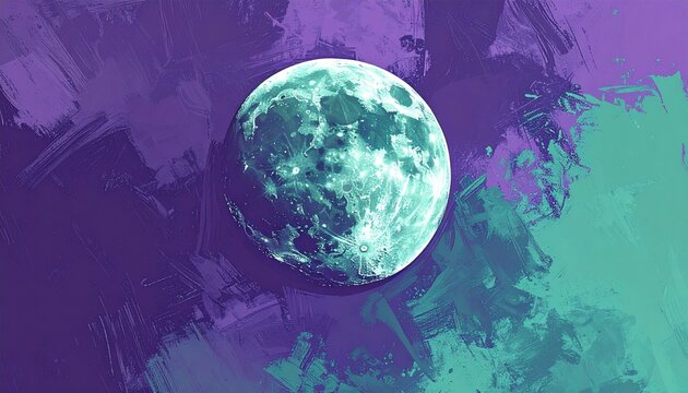Abstract cosmic art featuring a glowing turquoise full moon set against a textured purple painted backdrop
