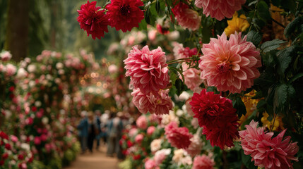 Vibrant dahlias blooming in a lush garden surrounded by colorful flowers and blurred visitors enjoying the natural beauty of a floral festival under soft sunlight.