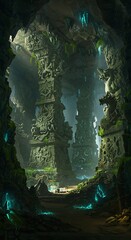 Ancient cave interior with stone columns and glowing elements