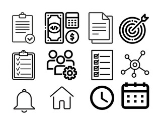 Planner and Journal Icon Set – Productivity, Self-Care, Goal, and Organization Line Icons on White Background
