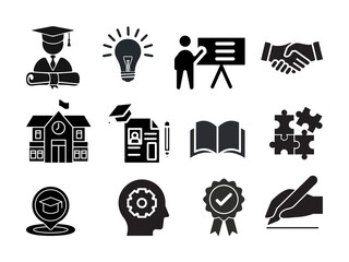 Education and School Icon Set – Learning, Study, Classroom, and Online Education Vector Icons on White Background